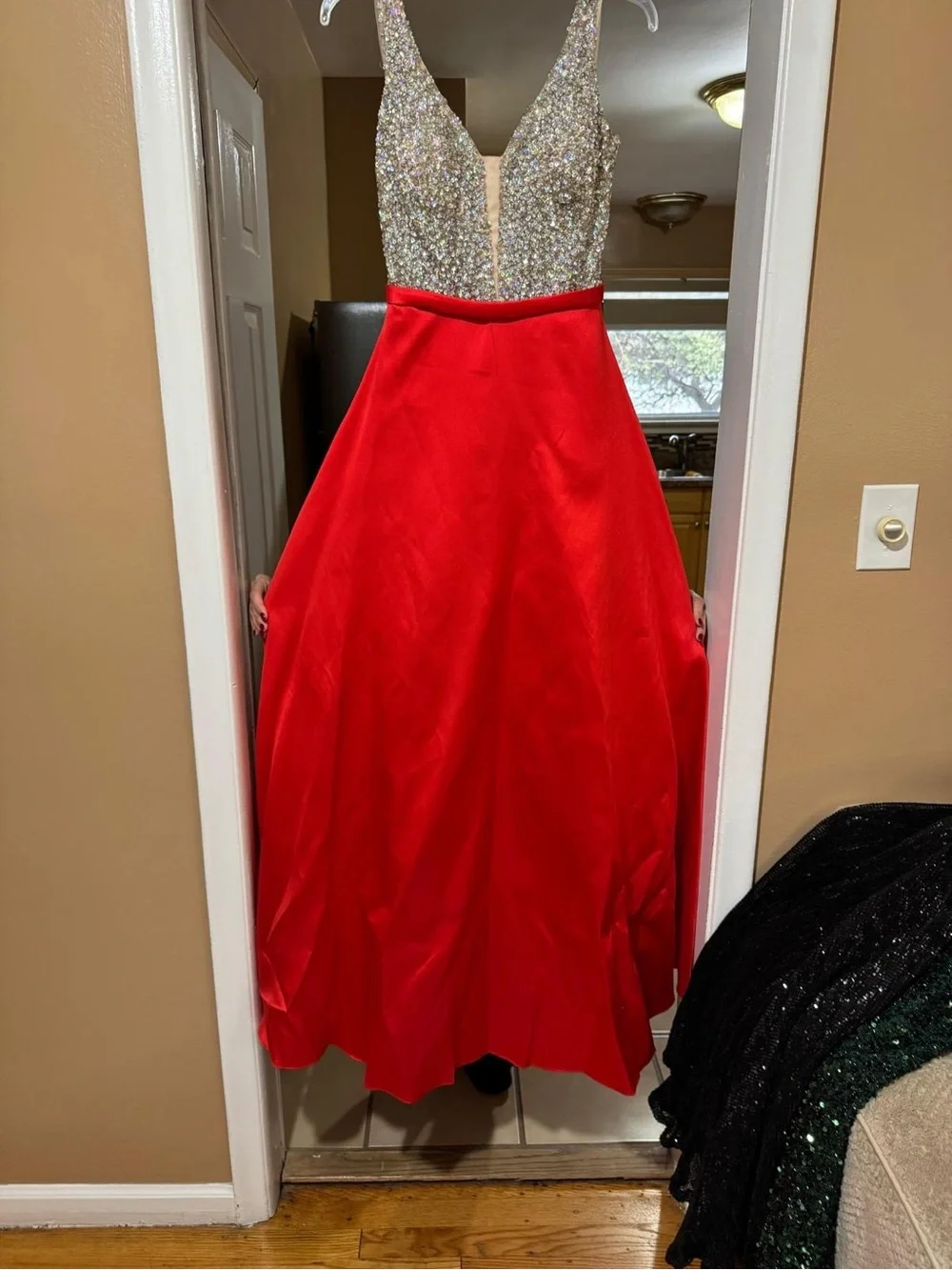 V-Neck Red Prom Gown with Sequin Bodice